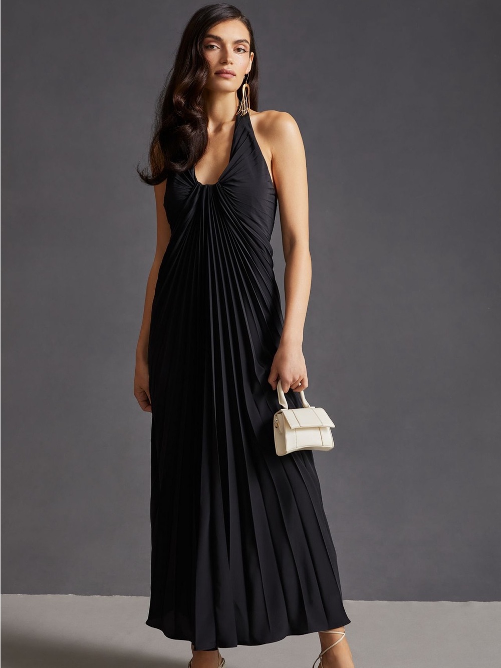 Anthropologie Black Halter Pleated Maxi Dress